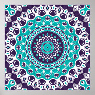 Póster Patrón de mandala moderno turquesa y púrpura
