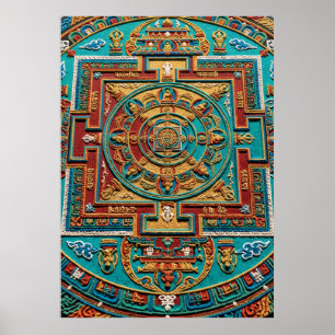 Póster Patrón de mandala turquesa y dorado