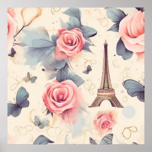 Póster Patrón de mariposa y Rosa de la Torre Eiffel
