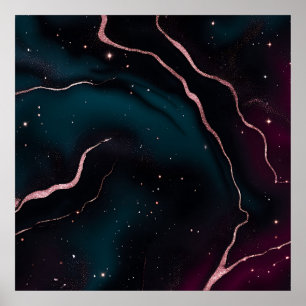 Póster Patrón de mármol de galaxia de oro rosa esmeralda