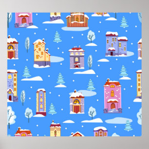 Póster Patrón de Nieve Escandinavo de Casas de Invierno