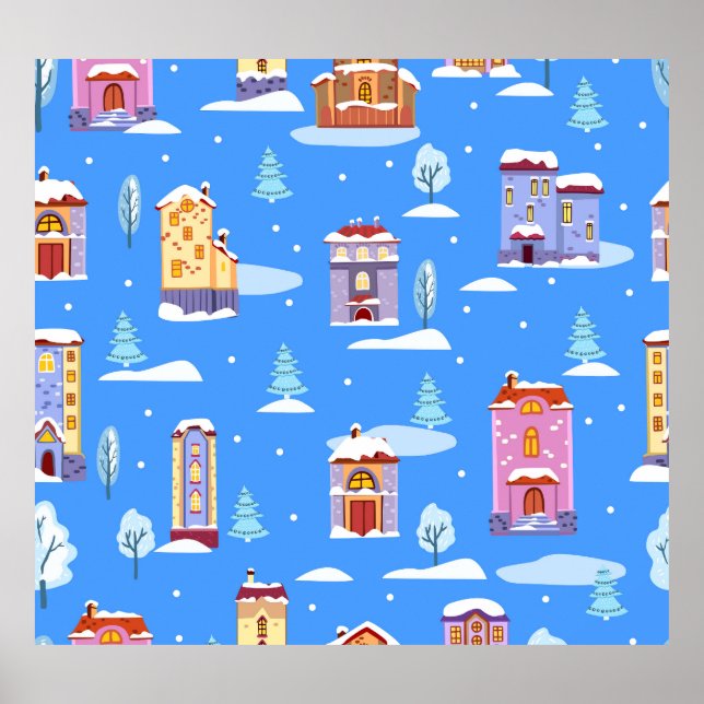 Póster Patrón de Nieve Escandinavo de Casas de Invierno (Frente)