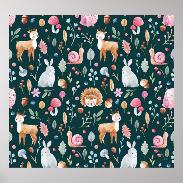 Póster Patrón de niños del bosque de hadas acuarelas (Frente)