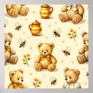 Póster Patrón de ositos de peluche y abejas de miel para
