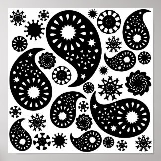 Póster Patrón de paisley blanco y negro.