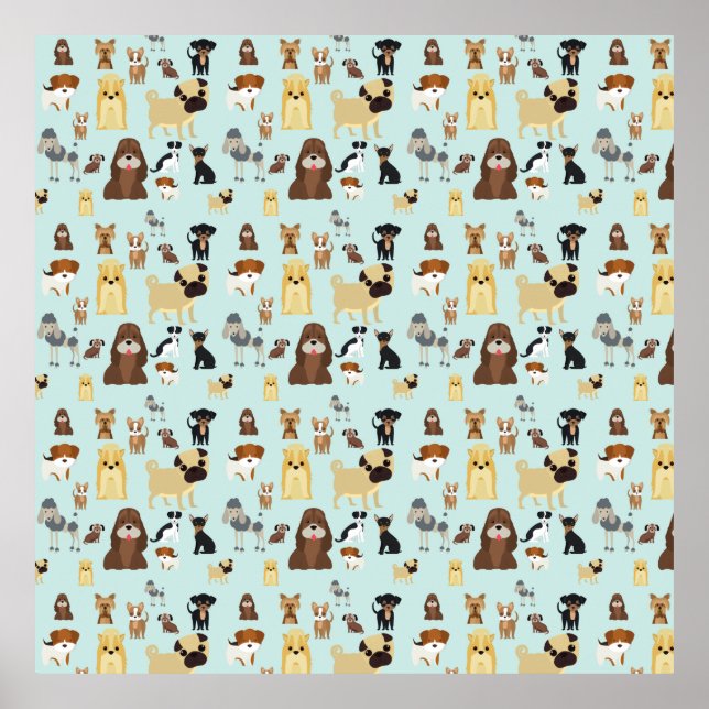 Póster patrón de perros de fondo azul claro. (Frente)