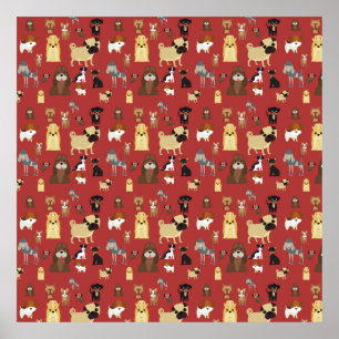 Póster patrón de perros de fondo rojo