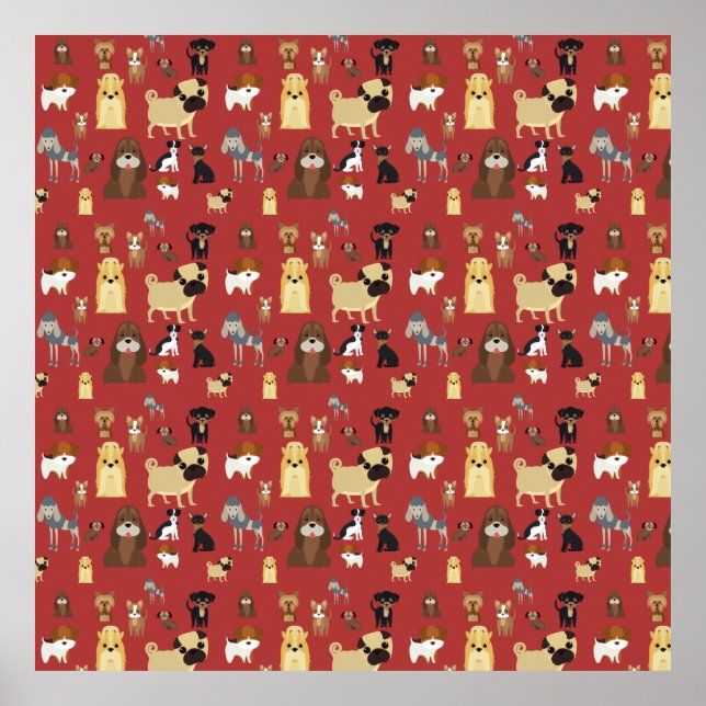Póster patrón de perros de fondo rojo (Frente)