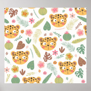 Póster Patrón de plantas tropicales de cabeza de leopardo