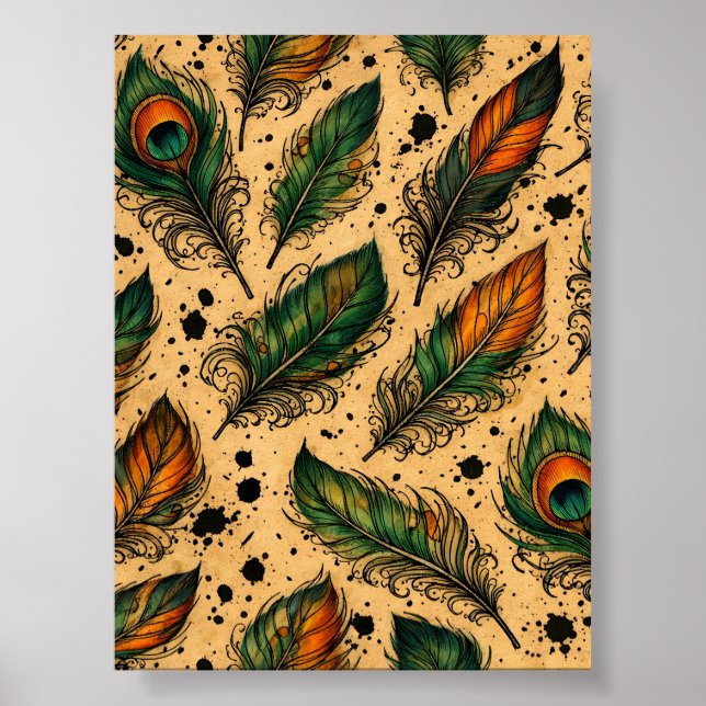 Póster Patrón de plumas de pavo real bohemio (Frente)