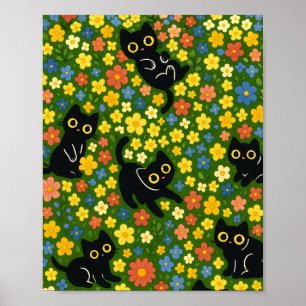 Póster Patrón de prado floral con gatos negros lindos