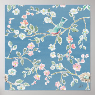 Póster Patrón de primavera - Aves y flores 2