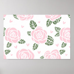 Póster Patrón de rosas rosas rosas con hojas y corazones