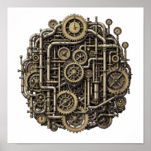 Póster Patrón de tela y papel de engranajes Steampunk sin