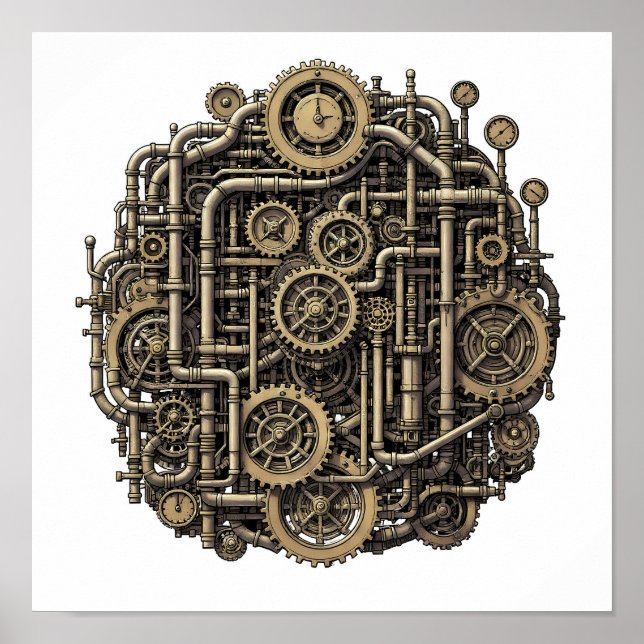 Póster Patrón de tela y papel de engranajes Steampunk sin (Frente)