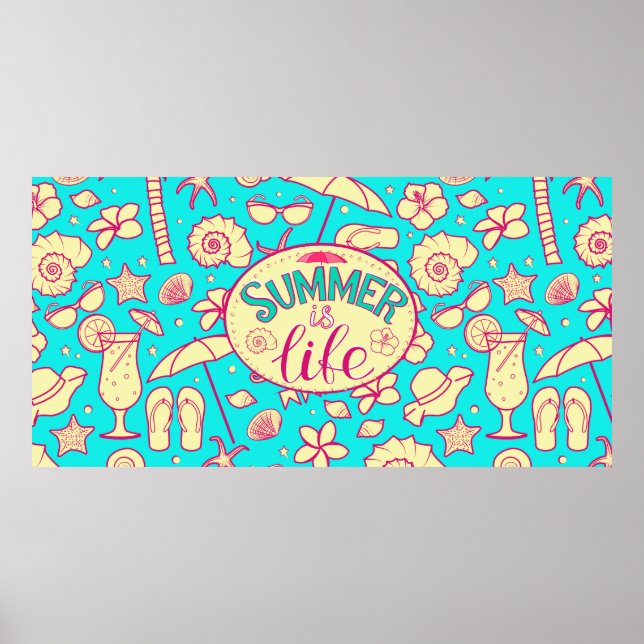 Póster Patrón de verano sobre el fondo turquesa: paraguas (Frente)