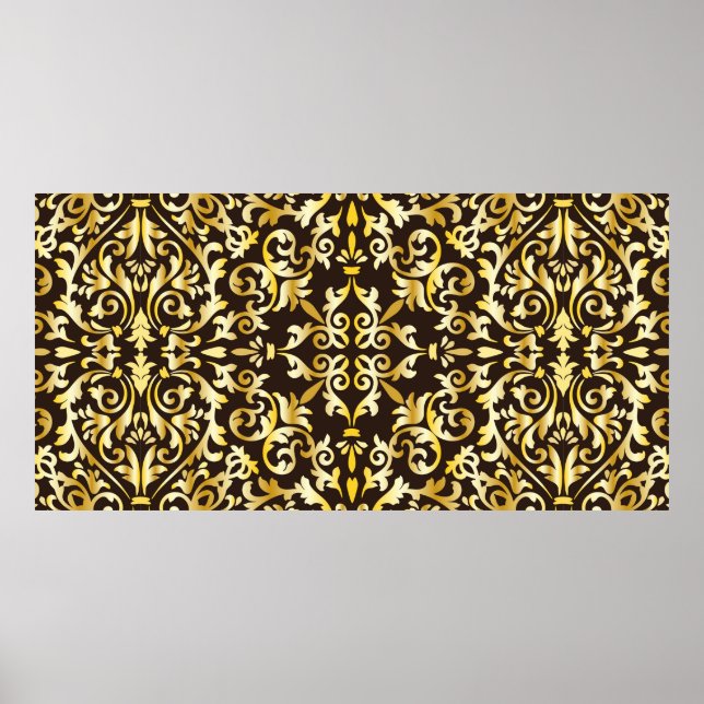 Póster Patrón dorado barroco sin fisuras sobre fondo negr (Frente)