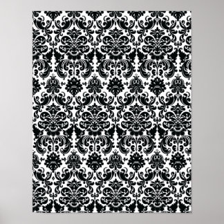 Póster Patrón elegante de damasco blanco de color negro