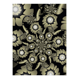 Póster Patrón en espiral floral fractal dorado