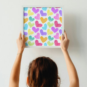 Póster Patrón esquemático de corazones de amor pastel