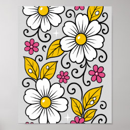 Póster Patrón floral alegre con contornos audaces
