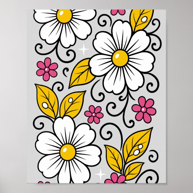 Póster Patrón floral alegre con contornos audaces (Frente)