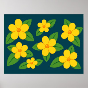 Póster Patrón floral amarillo brillante con hojas verdes