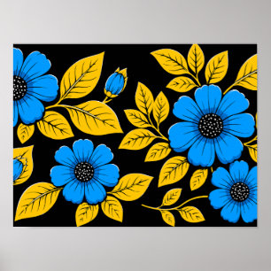 Póster Patrón floral azul con hojas doradas