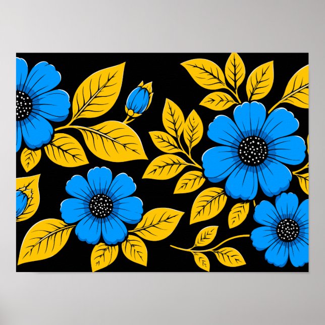 Póster Patrón floral azul con hojas doradas (Frente)