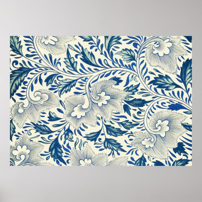 Póster Patrón floral azul Diseño antiguo asiático (Frente)