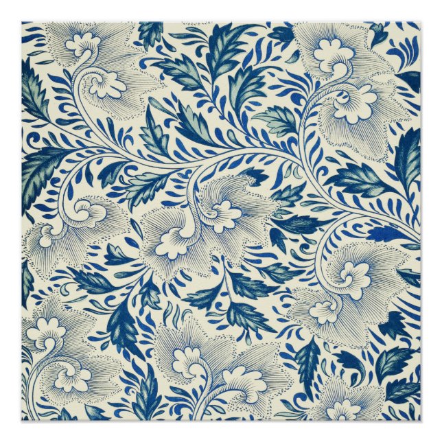 Póster Patrón floral azul Diseño antiguo asiático (Anverso)