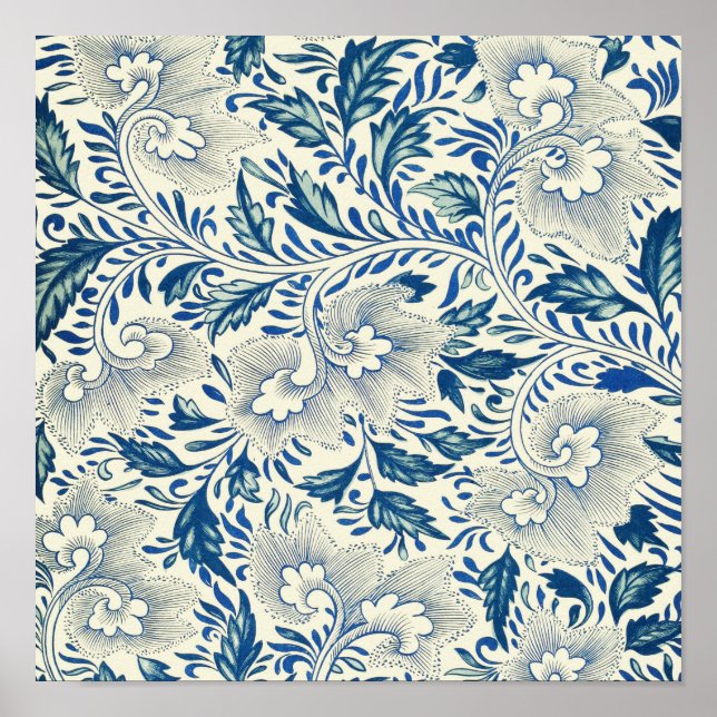 Póster Patrón floral azul Diseño antiguo asiático (Frente)