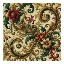 Patrón floral barroco con dorado, rojo, verde A