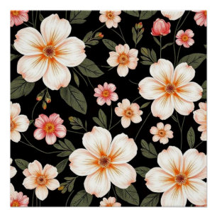 Póster Patrón floral brillante sobre negro