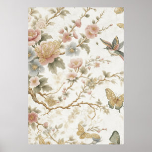 Póster Patrón floral chino vintage con colibrí
