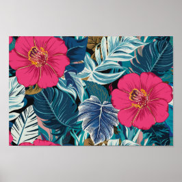 Póster Patrón floral con hibiscus rosado y oliage azul