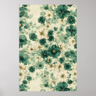 Póster Patrón floral de color verde y blanco romántico