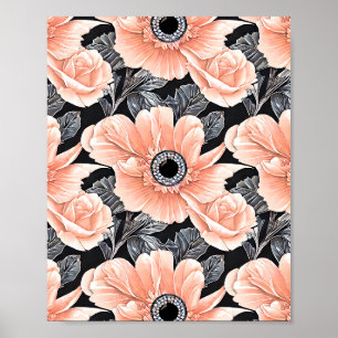Póster Patrón floral de duraznos de luz botánica