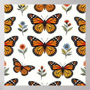 Póster Patrón Floral de Mariposa Monarca