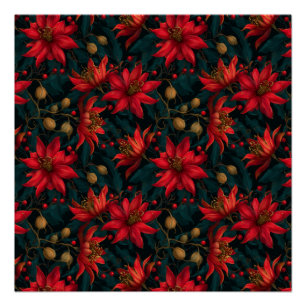 Póster Patrón Floral de Navidad Rojo Oscuro