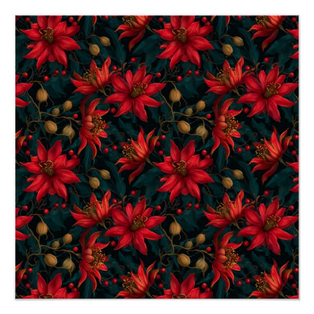 Póster Patrón Floral de Navidad Rojo Oscuro (Anverso)