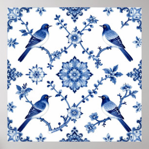 Póster Patrón floral de pájaros chinoiserie azul