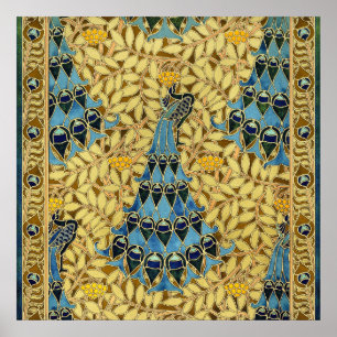 Póster Patrón Floral de Pavo Real Azul Art Nouveau Antigu