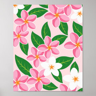 Póster Patrón floral de plumeria rosa y blanca