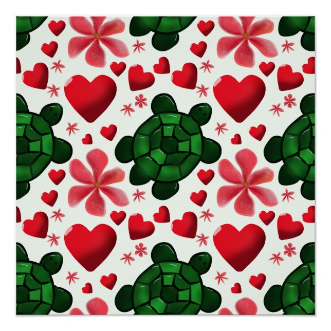 Póster Patrón Floral de Tortuga Adorable | Flores Rojas C (Anverso)
