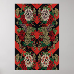 Póster Patrón Floral Japonés Vintage Peonía Rojo Negro