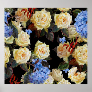 Póster Patrón floral moderno, rosas blancas, hidrangea az