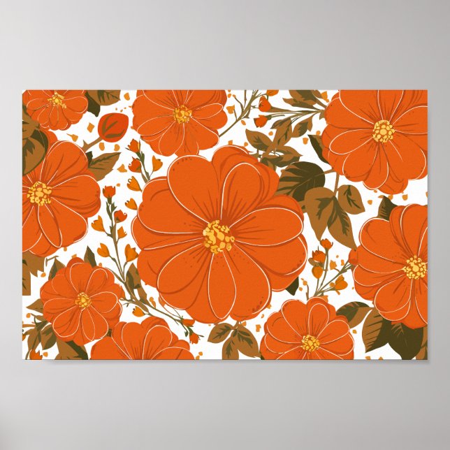 Póster Patrón floral Naranja vibrante con hojas (Frente)