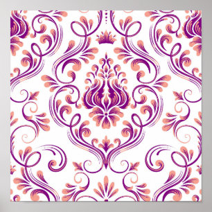 Póster Patrón floral Peach y Purple Damask Elegante