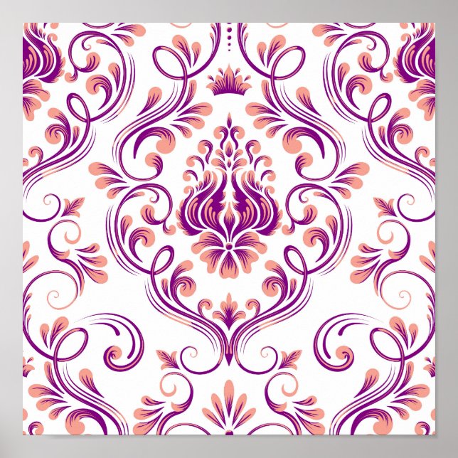 Póster Patrón floral Peach y Purple Damask Elegante (Frente)